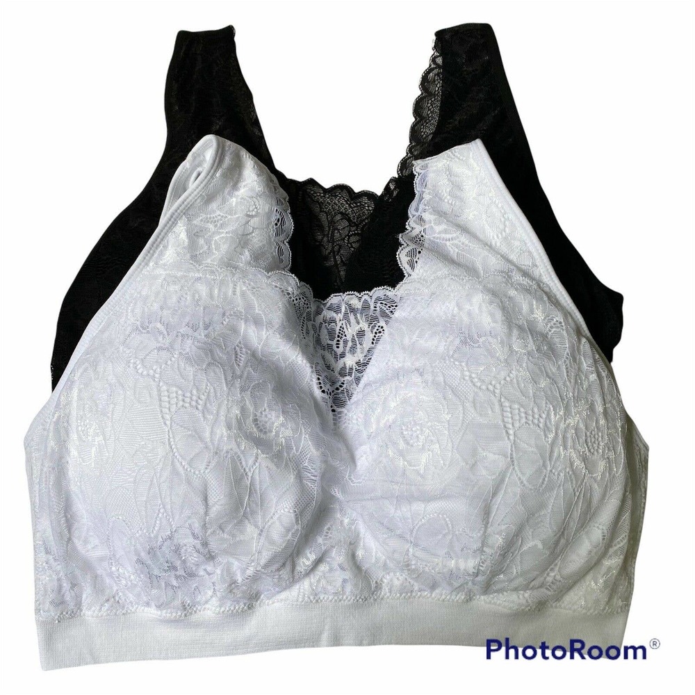 Breezies QVC Set of 2 Seamless Lace Cami Bra Black White A378013 1X